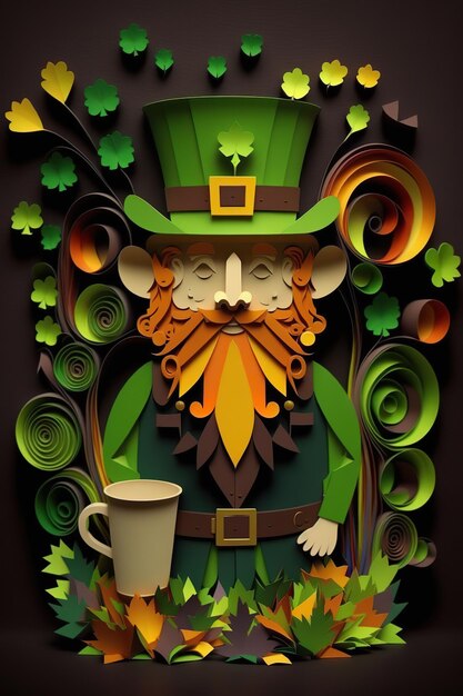 写真 気まぐれなアイルランドの漫画シャムロック ビールの緑のポットのゴールド ハッピー聖パトリックの日の生成 ai イラスト クイリング ペーパー カット アート
