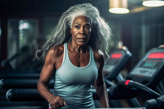 ジムのトレッドミルでトレーニングする健康な筋肉質の老黒人女性の生成 AI イラスト