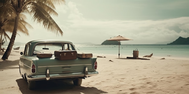 A generative AI illustration of an old car on a beach with luggage featuring tropical symbolism