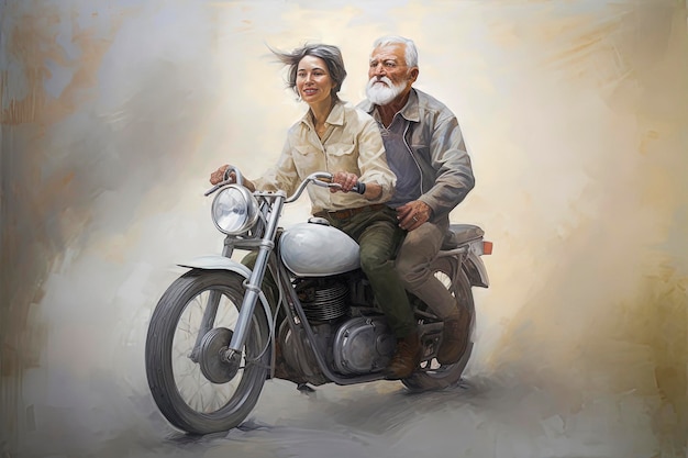 Generative Ai illustration of old couple riding on classic motorbike with background in pastel colors