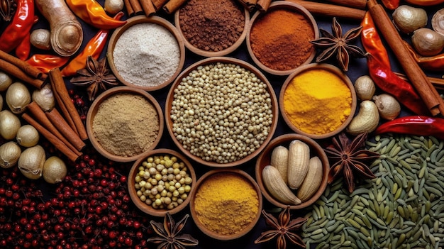 Generative ai illustration of Overhead photo Closeup of spices and foods