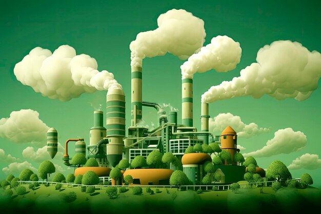 工場の建物と汚染を含むパノラマ的な産業シルエットの景観の生成的AIイラスト