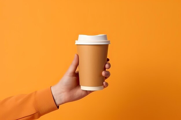 Generative ai illustration of paper coffee cup in a hand isolated orange background