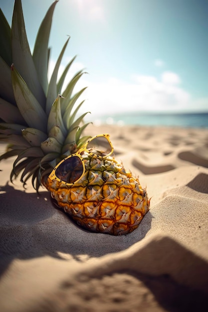 Генеративная искусственная иллюстрация ананаса на пляже в солнечных очках в солнечный день с тропическими цветами