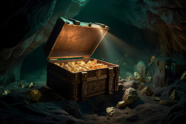 Generative AI illustration of pirates treasure chest in cave