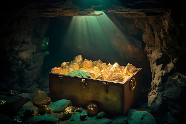 Generative AI illustration of pirates treasure chest in cave