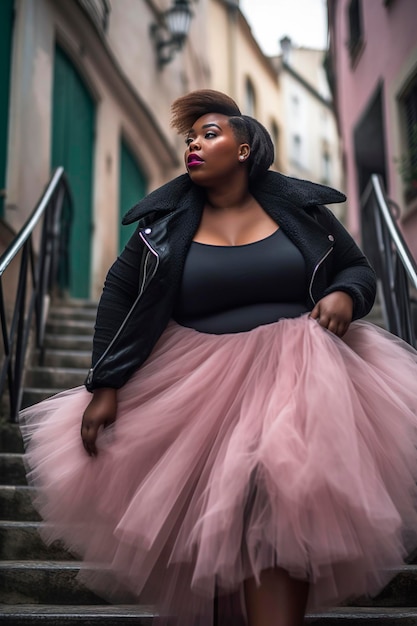ピンクのチュールスカートで通りを歩くプラスサイズの美しく幸せな黒人女性の生成 AI イラスト