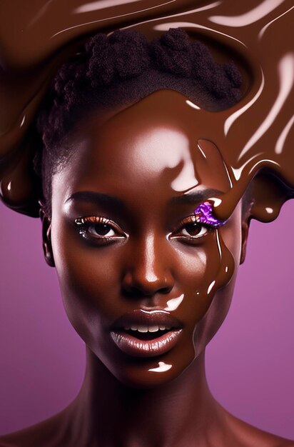 Generative AI illustration of Portrait of a beautiful black girl with chocolate melting on her face