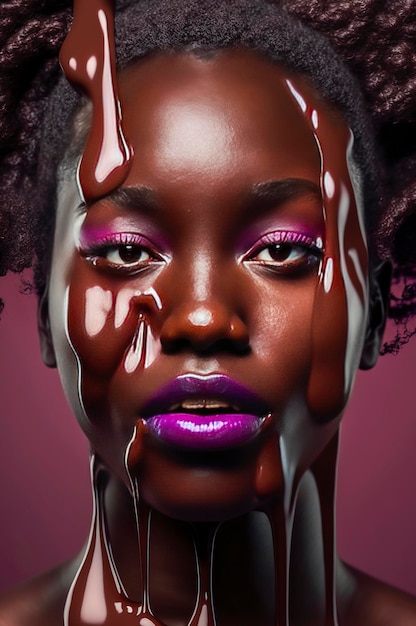 Генеративный AI-иллюстратор портрета красивой темнокожей девушки с тающим на лице шоколадом