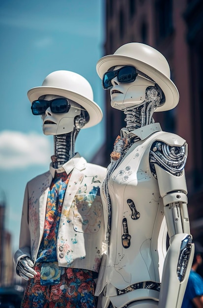 Generative AI illustration of portrait of couple of man and woman artificial intelligence robots in love dressed in latest fashion with sunglasses and hat