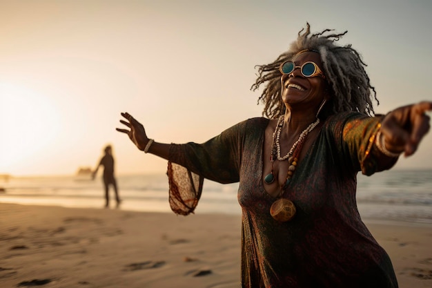 Generative AI illustration of portrait of a happy Older hippie black woman dancing on beach with sunset light