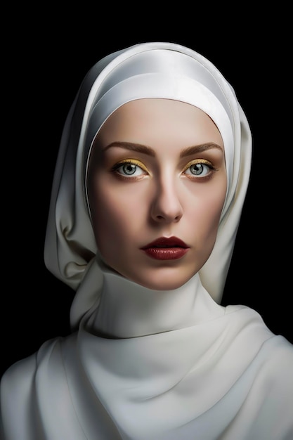 Generative AI Illustration of Portrait of Young woman nun of catholic religion in attitude of peace and prayer