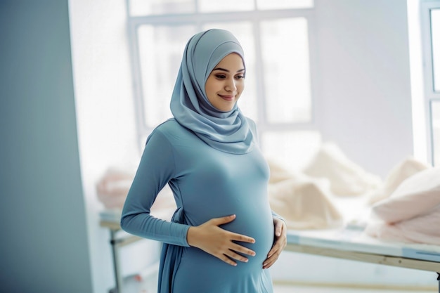 Generative AI illustration of Pregnant Muslim young woman in hospital room