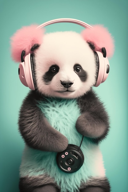 Generative ai illustration puppy panda bear listening music headphones