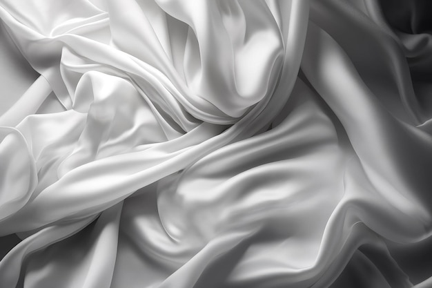 Generative AI illustration of Pure White satin fabric floating in the air from above view with movement on white background