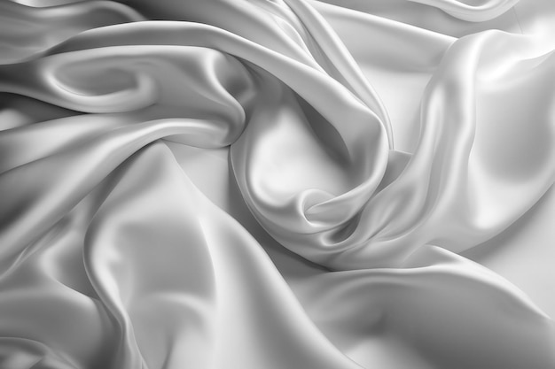 Generative AI illustration of Pure White satin fabric floating in the air from above view with movement on white background