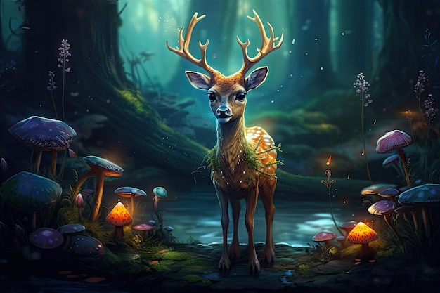 Generative AI illustration Realistic beautiful deer in a magical forest with sparkling lights