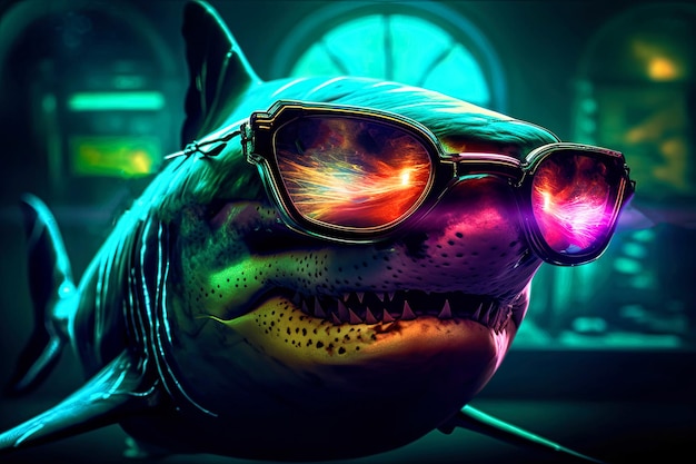 Generative AI illustration Realistic Shark character wearing waveproof goggles and neon colors