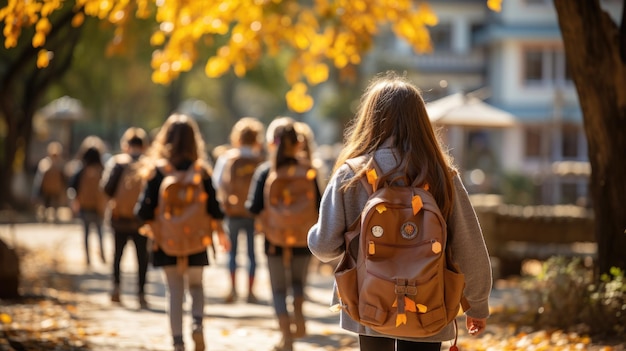 Generative ai illustration of a rear view on childs walking on path to school Back to school concept