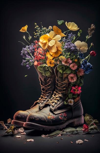 Generative AI illustration of Recycled Boots with Flowers