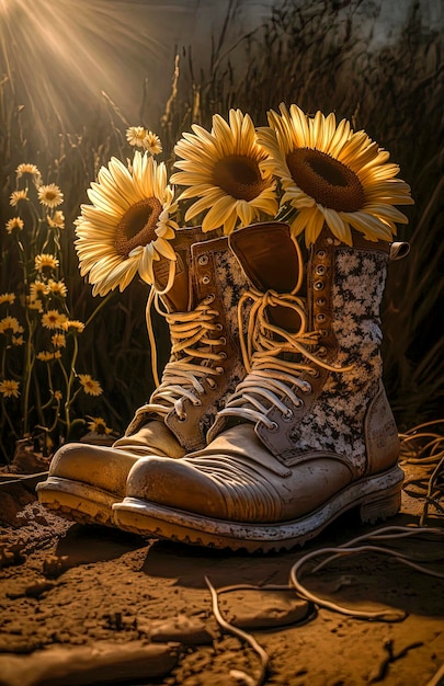 Generative AI illustration of Recycled Boots with Flowers