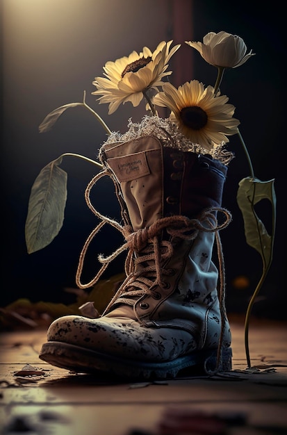 花とリサイクルされたブーツのジェネレーティブ AI イラスト
