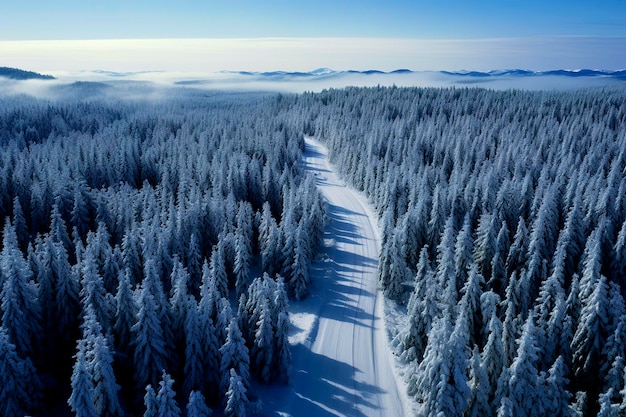 Generative AI illustration of a road with many curves through a forest of snowy trees in winter cold concept