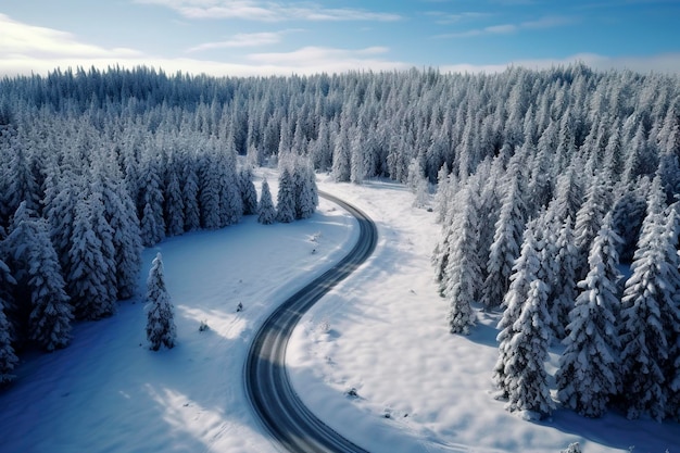 冬の寒いコンセプトで雪に覆われた木の森を通る多くのカーブを持つ道路の生成 AI イラスト