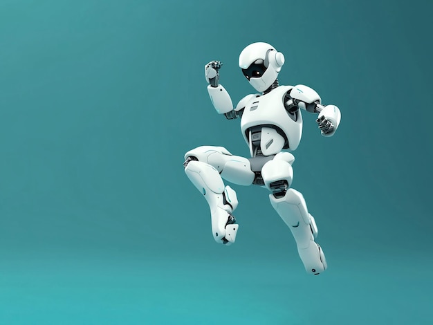 Generative ai illustration of robot jumping on blue background