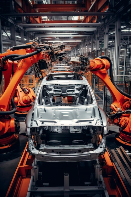 Foto illustrazione ai generativa della saldatura robotizzata sulla linea di assemblaggio di automobili industria robotizzata