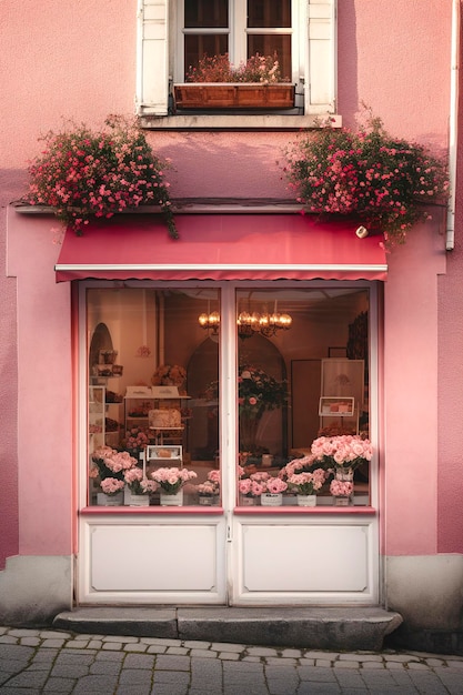 Generative AI illustration of romantic pink facade with roses at the door