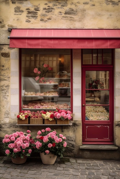 Generative AI illustration of romantic pink facade with roses at the door