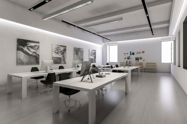 Generative AI illustration of room very large room with various office desks that can motivate people to work