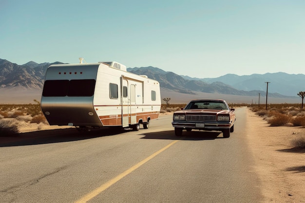 休日の日没時に道路を走行する RV トレーラーの生成 AI イラスト