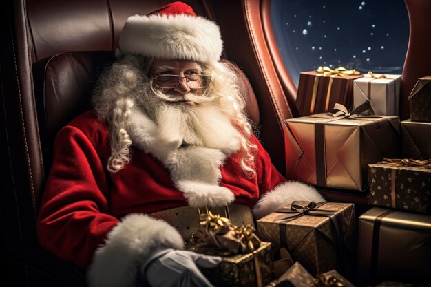 크리스마스 날 배달할 준비가 된 선물로 둘러싸인 개인 제트기를 타고 비행하는 산타클로스의 생성 AI 삽화