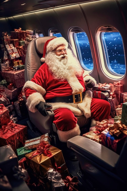 Generative AI illustration of Santa Claus flying in a private jet surrounded by gifts ready to deliver Christmas days