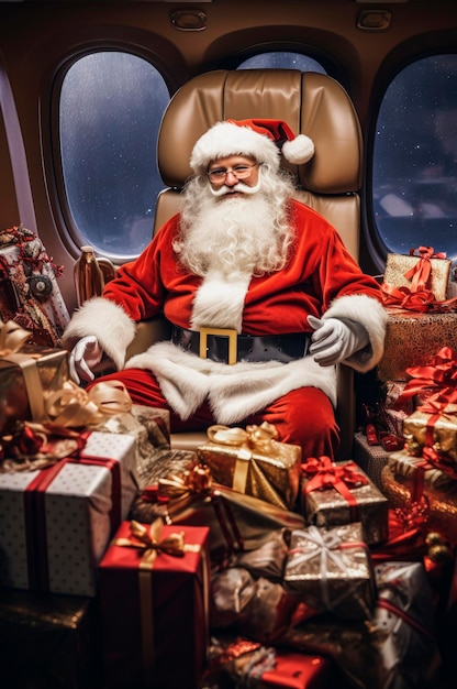 Generative AI illustration of Santa Claus flying in a private jet surrounded by gifts ready to deliver Christmas days