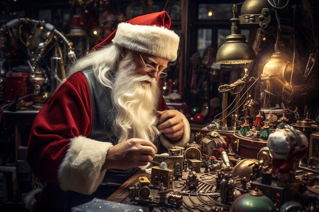 Generative AI illustration of Santa Claus making toys in a factory by the light of a light bulb christmas days