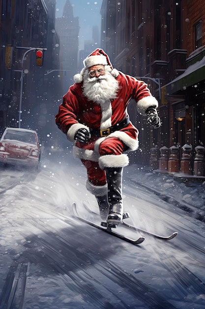 Generative AI illustration of Santa Claus on a skateboard strolling through the streets of New York on a snowy day Chritsmas daysDigital art