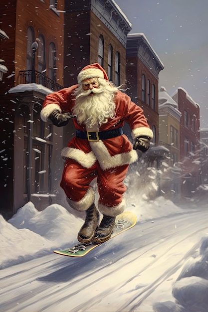 Generative AI illustration of Santa Claus on a skateboard strolling through the streets of New York on a snowy day Chritsmas daysDigital art
