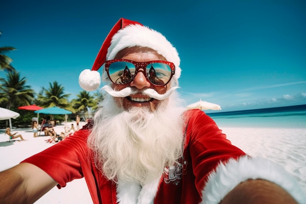Генеративный AI-иллюстратор Санта-Клауса в солнечных очках, делающего селфи на пляже в солнечный день рождественских дней