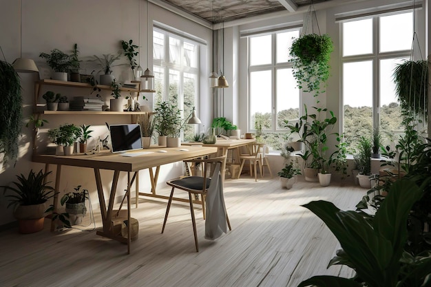 Generative AI illustration of Scandinavian office space with natural light with glass walls wooden floor and recycled wooden furniture