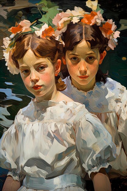 Generative AI illustration of scenes of girls and adolescents in the water dressed in the year 1900 Illustration oil style Digital art