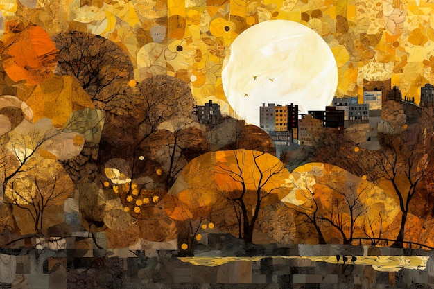 Generative Ai illustration of scenes with autumn colors in the countryside and in the city