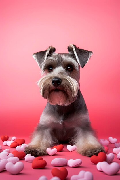 Generative AI illustration of schnauzer dog card with hearts and flowers background for Valentine's DayLove concept