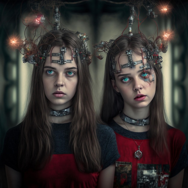 Photo generative ai illustration scifi futuristic twins sisters humanoid robot