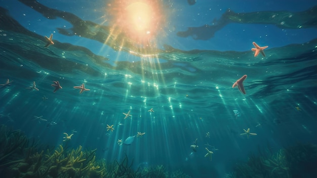 Генеративная искусственная иллюстрация морского дна, окруженного жизнью и красочными кораллами