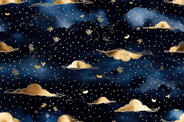 Generative AI illustration seamless pattern of the night sky with gold foil stars and clouds Watercolor background of the night sky