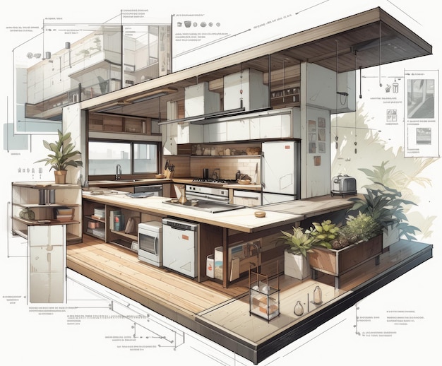 Photo generative ai illustration of a section drawing of a house