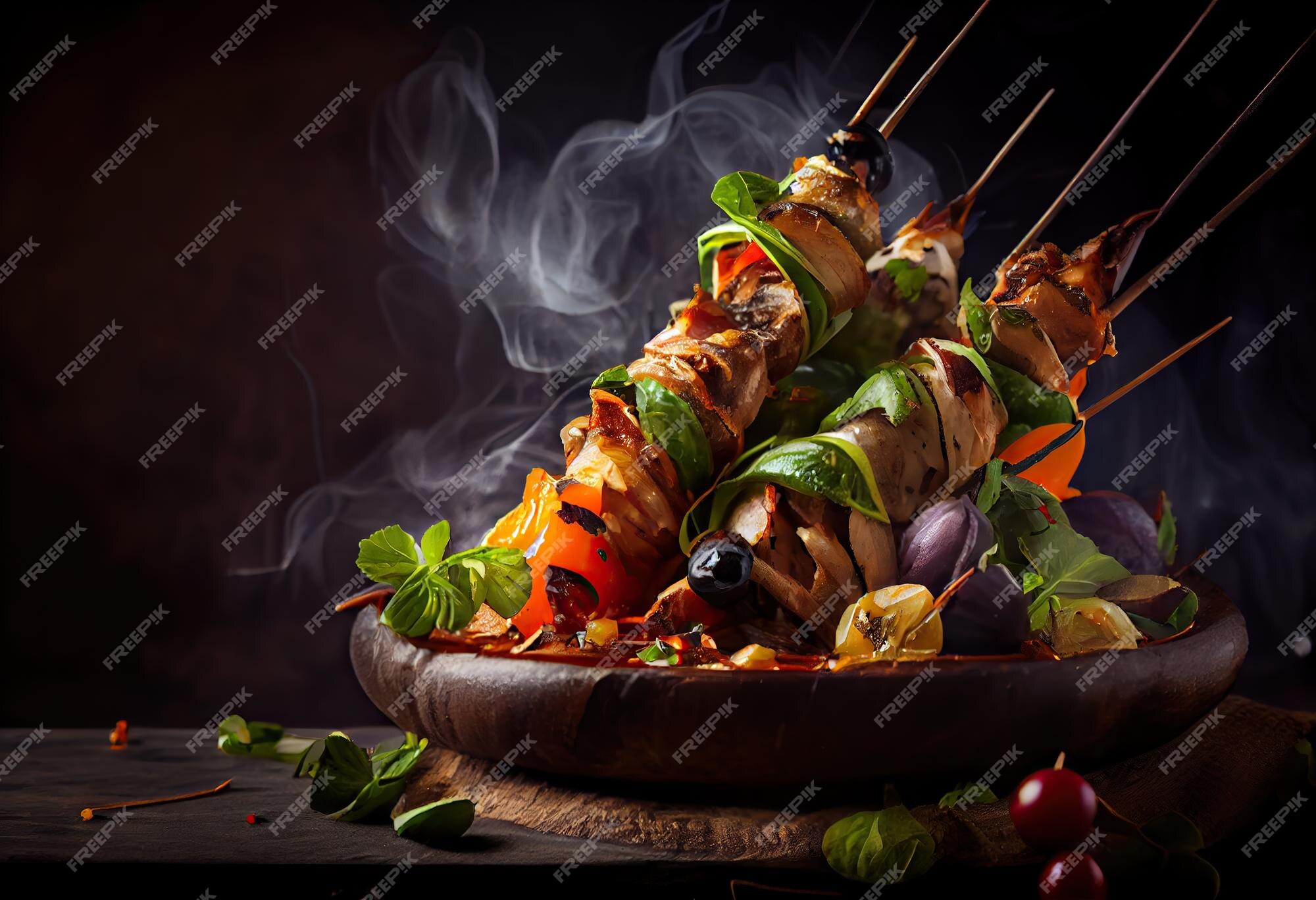 Generative AI illustration of skewered shish kebab, Kebabs - grilled meat  skewers, vegetables on black wooden background. Meat skewers in a barbecue  22922899 Stock Photo at Vecteezy